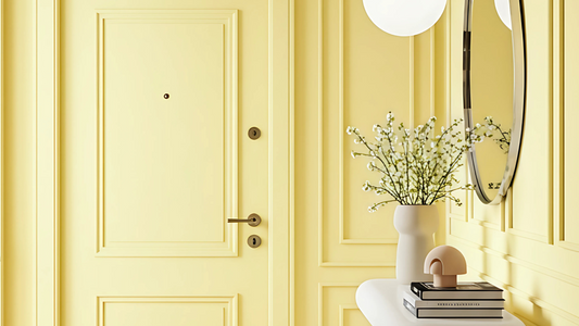 colour drenched hallway in a pale yellow colour decorated with white home decor accessories and white flowers on a console table