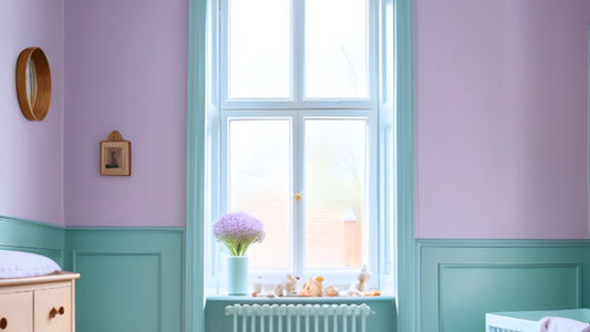 photo of a nursery with walls painted in lilac and wooden panelling painted in mint green colour, with a sleeping cot on the right side, mint green radiator in the middle and a wooden dresser on the left