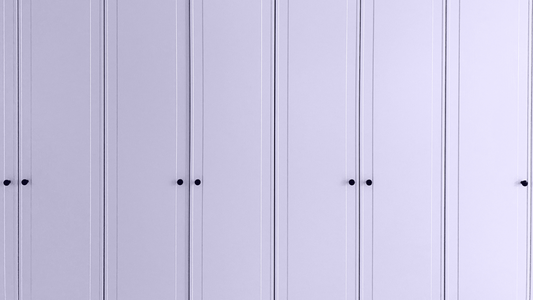 a close up of a wide and tall wardrobe with narrow doors all painted in a light lilac paint shade, YesColours