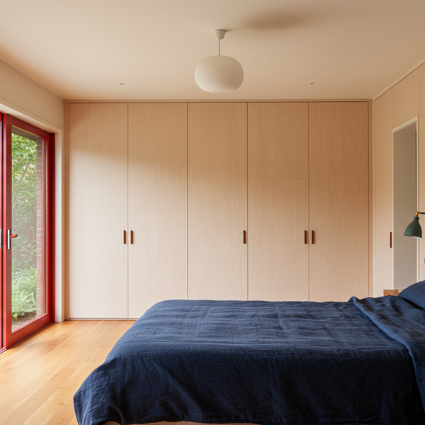 calming neutral bedroom. creamy tones. navy bedsheets. red metal framed windows.