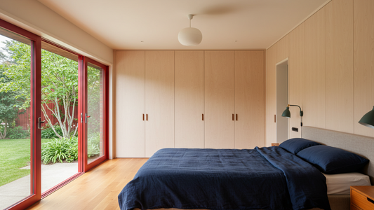 calming neutral bedroom. creamy tones. navy bedsheets. red metal framed windows.