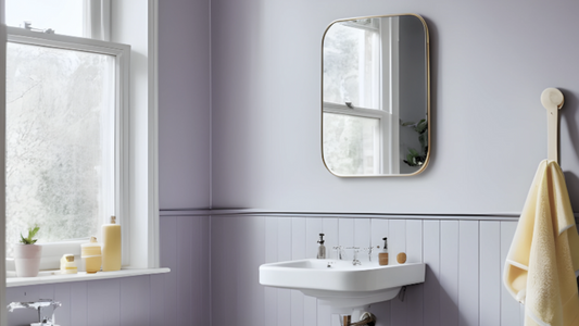A bright and airy bathroom painted in a pale cool lilac colour and decorated with yellow bathing accessories