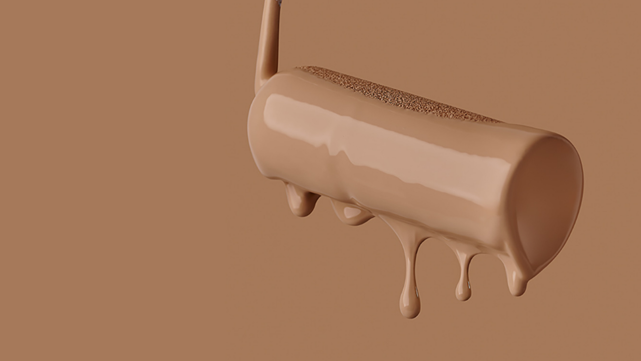 close-up of a paint-drenched paint roller with paint drips coming down from it in a warm brown colour photographed on a warm brown background