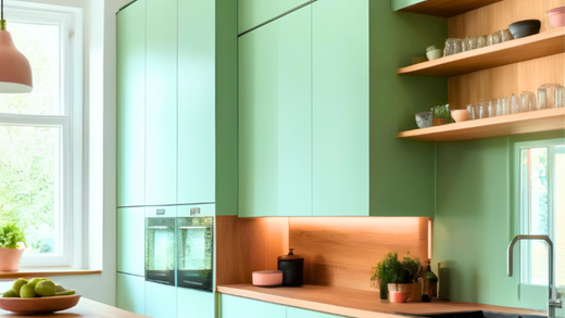 bright and airy kitchen with kitchen cabinets and utility storage painted in mint green and a vibrant kitchen island painted in bubblegum pink
