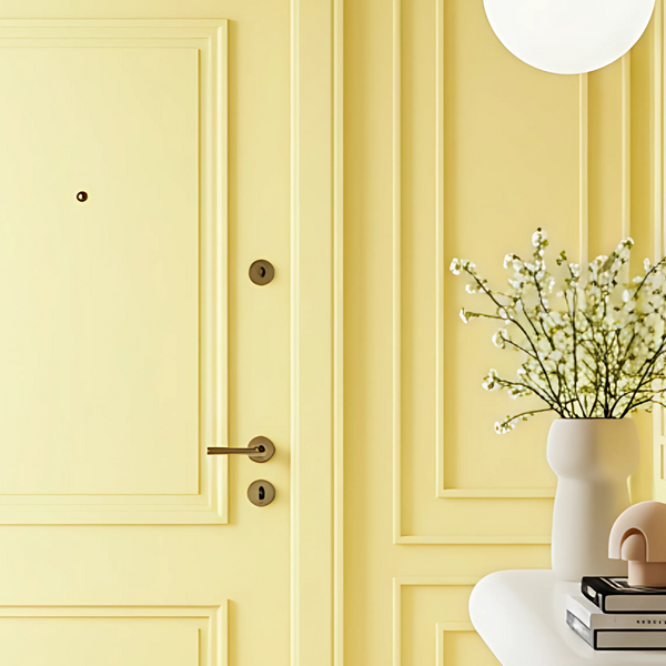 colour drenched hallway in a pale yellow colour decorated with white home decor accessories and white flowers on a console table