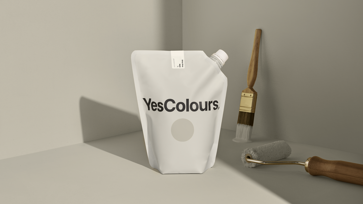 YesColours Dirty Grey matt emulsion paint , Black / Grey Dirty Dirty Collection Dirty Grey Greige Grey Grey / Black Greys Matt Emulsion Paint , Lick Paint, Coat Paint, Dulux Paint DirtyGreypouch16x9