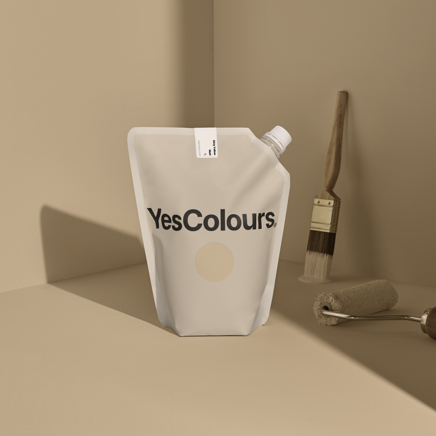 YesColours Dirty Yellow matt emulsion paint , Beige Dirty Dirty Collection Dirty Yellow Matt Emulsion Neutral Neutral / White neutrals Paint Stone Yellow Yellows , Lick Paint, Coat Paint, Dulux Paint DirtyYellowPouch1_1