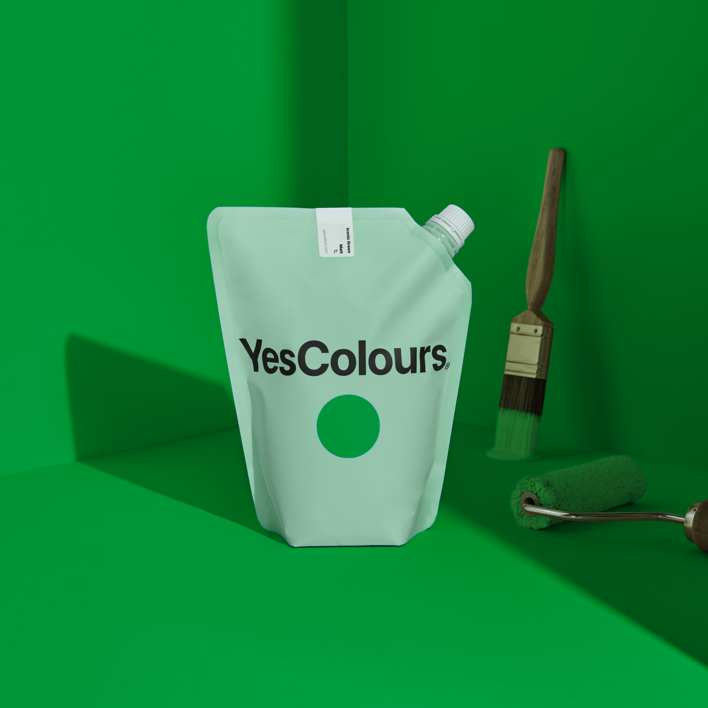 YesColours Iconic Green matt emulsion paint , Emerald Green Greens Iconic Iconic Collection Iconic Green Matt Emulsion Paint , Lick Paint, Coat Paint, Dulux Paint IconicGreenpouch1_1