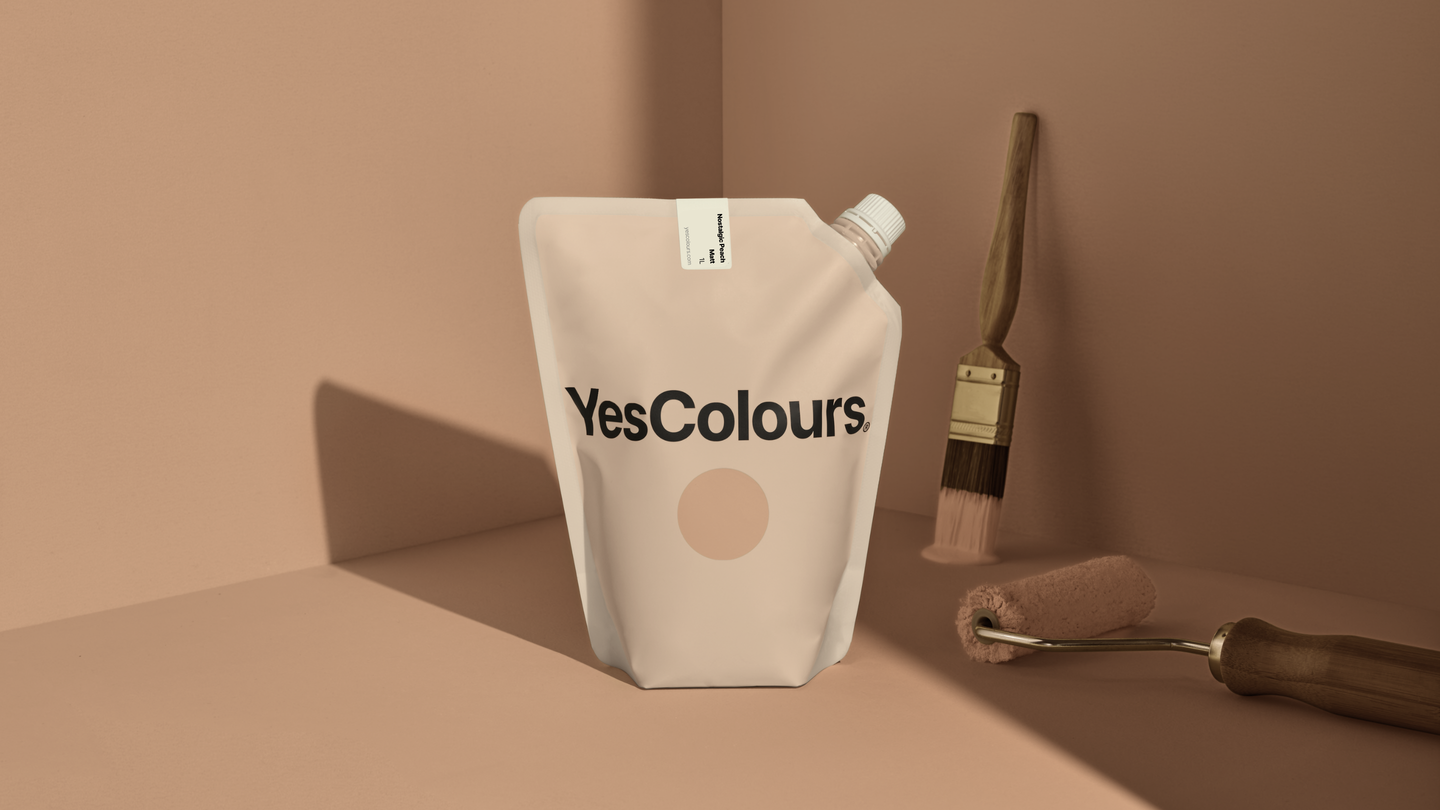 YesColours Nostalgic Peach matt emulsion paint , Bronze Brown Mocha Nostalgic Nostalgic collection Nostalgic Peach Peach Peach / Orange Peaches Plaster , Lick Paint, Coat Paint, Dulux Paint NostalgicPeachPouch16x9