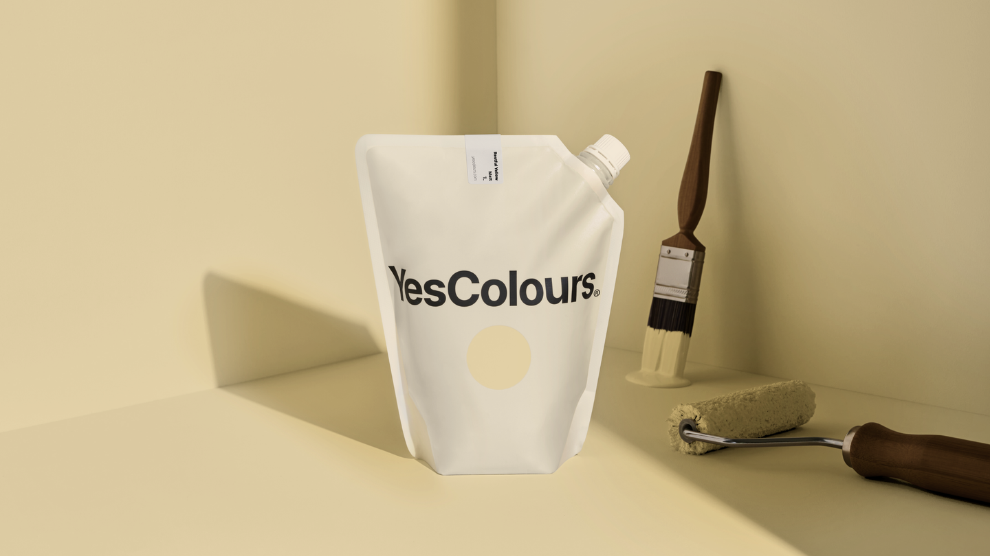 YesColours Restful Yellow matt emulsion paint , Beige Butter Cream Gold Matt Emulsion Paint Restful Restful Collection Restful Yellow Yellow Yellows , Lick Paint, Coat Paint, Dulux Paint RestfulYellowpouch16x9