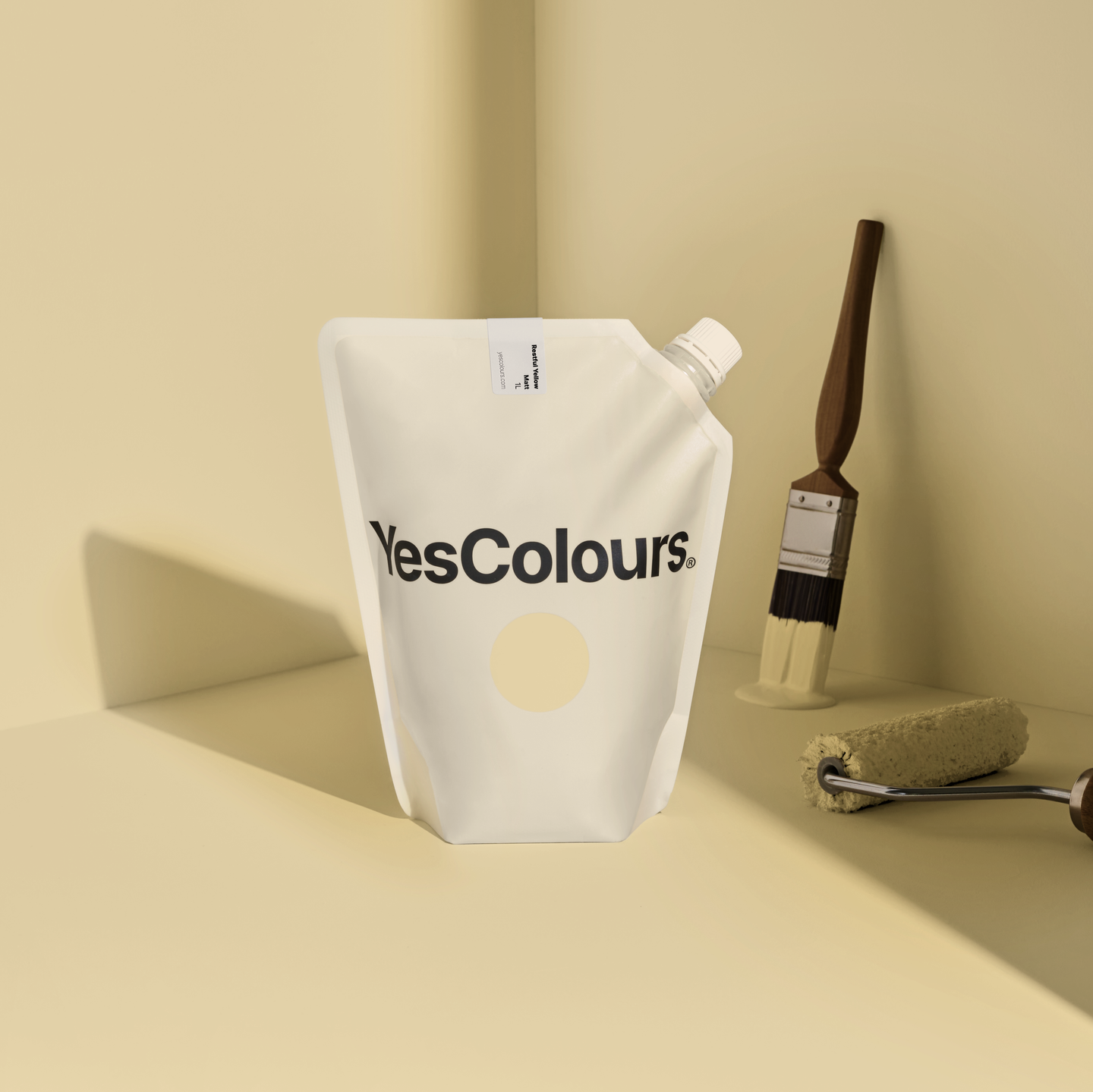 YesColours Restful Yellow matt emulsion paint , Beige Butter Cream Gold Matt Emulsion Paint Restful Restful Collection Restful Yellow Yellow Yellows , Lick Paint, Coat Paint, Dulux Paint RestfulYellowpouch1_1