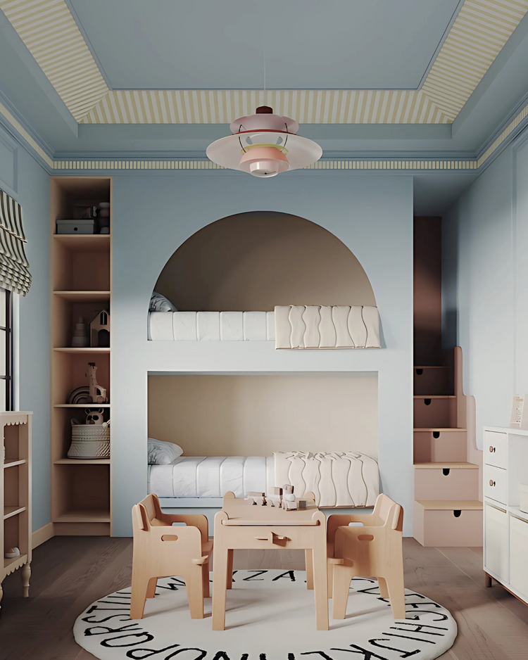 childrens bedroom in a soft pale blue room featured bunk beds and peach colours steps and a striped border design ceiling.