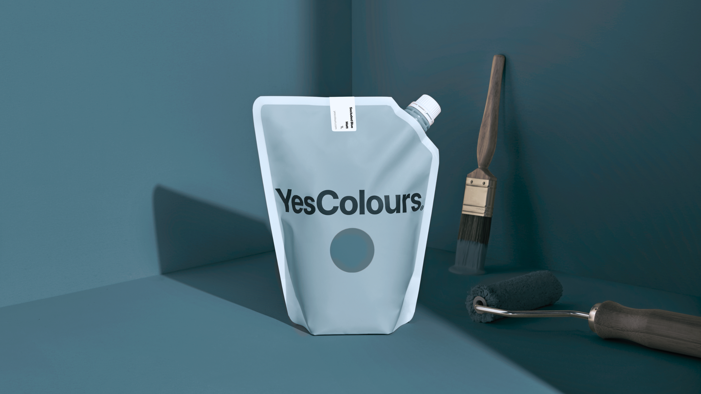 YesColours Secluded Blue matt emulsion paint , Blue Blues Matt Emulsion Paint Secluded Secluded Blue Secluded Collection , Lick Paint, Coat Paint, Dulux Paint SecludedBluePouch16x9