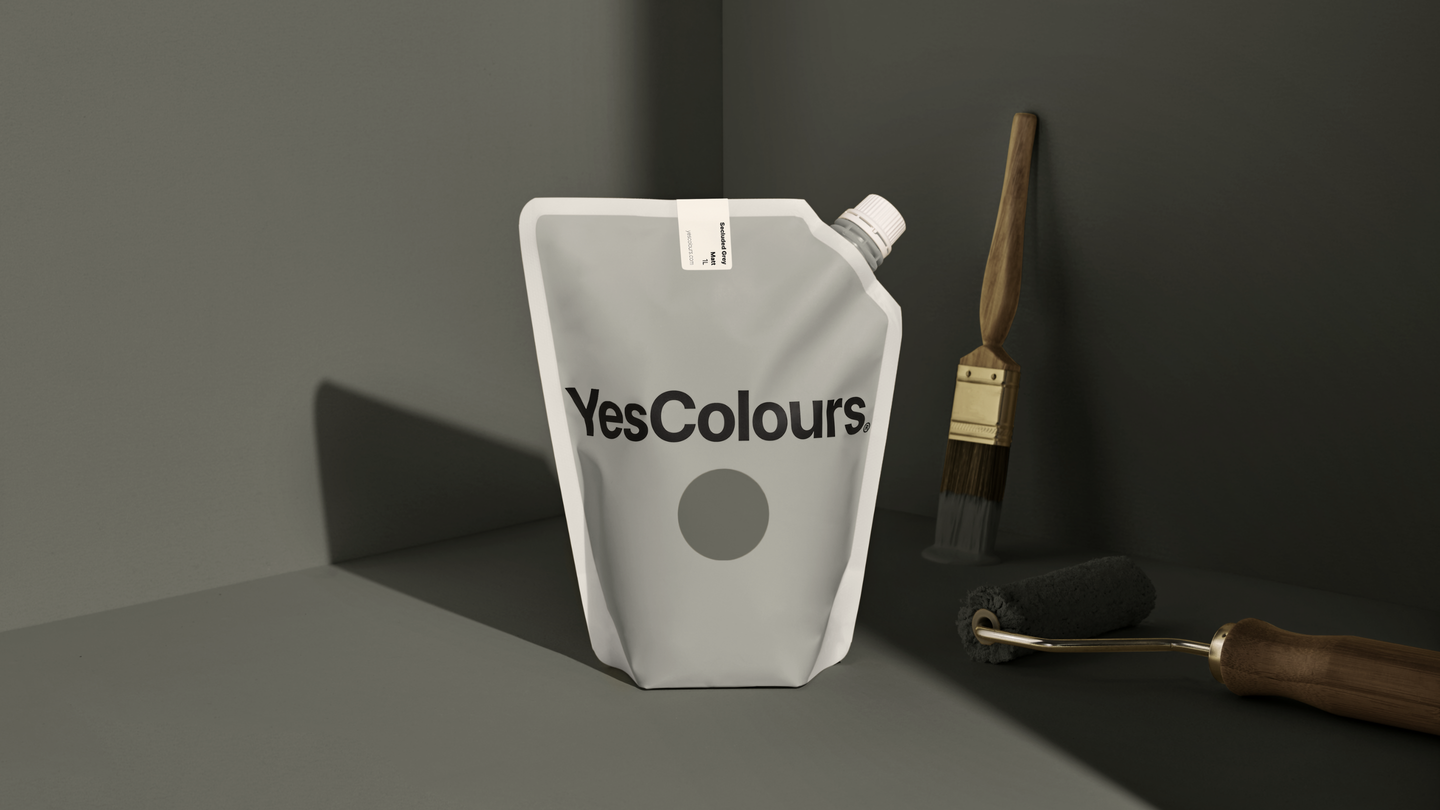 YesColours Secluded Grey matt emulsion paint , Black / Grey Grey Grey / Black Greys Matt Emulsion Paint Secluded Secluded Collection Secluded Grey , Lick Paint, Coat Paint, Dulux Paint SecludedGreyPouch16x9