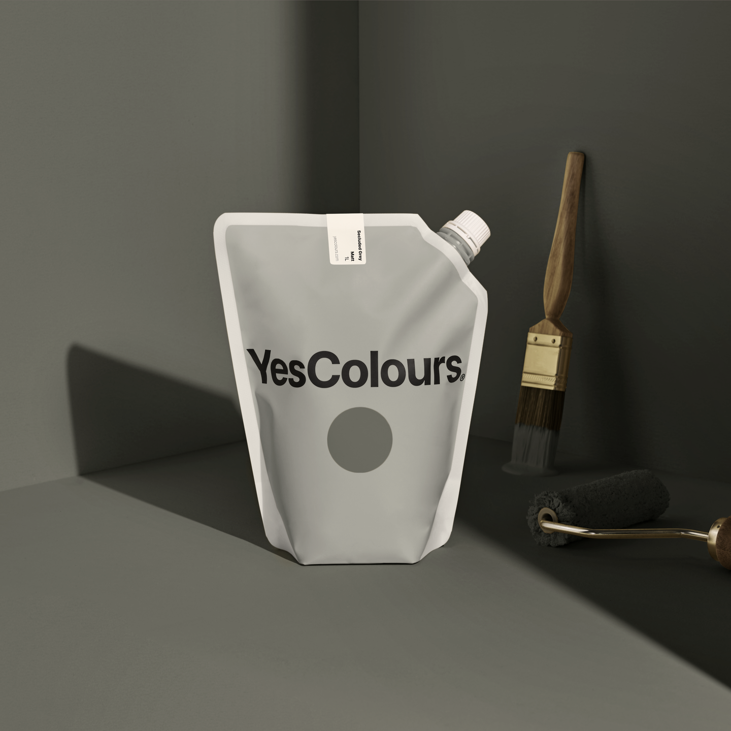 YesColours Secluded Grey matt emulsion paint , Black / Grey Grey Grey / Black Greys Matt Emulsion Paint Secluded Secluded Collection Secluded Grey , Lick Paint, Coat Paint, Dulux Paint SecludedGreyPouch1_1