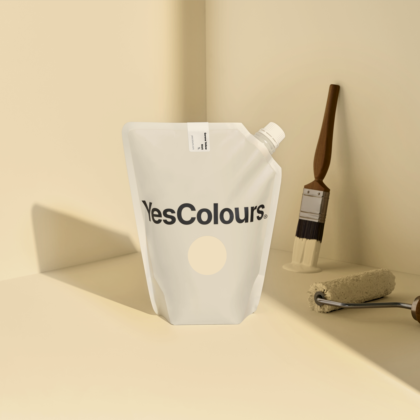 YesColours Serene Yellow matt emulsion paint , Beige Cream Matt Emulsion Neutral / White Paint Red / Pink Serene Serene Collection Serene Yellow Yellow Yellows , Lick Paint, Coat Paint, Dulux Paint Sereneyellowpouch1_1_ca5e99c5-3597-4c6d-b399-0f786cab136f